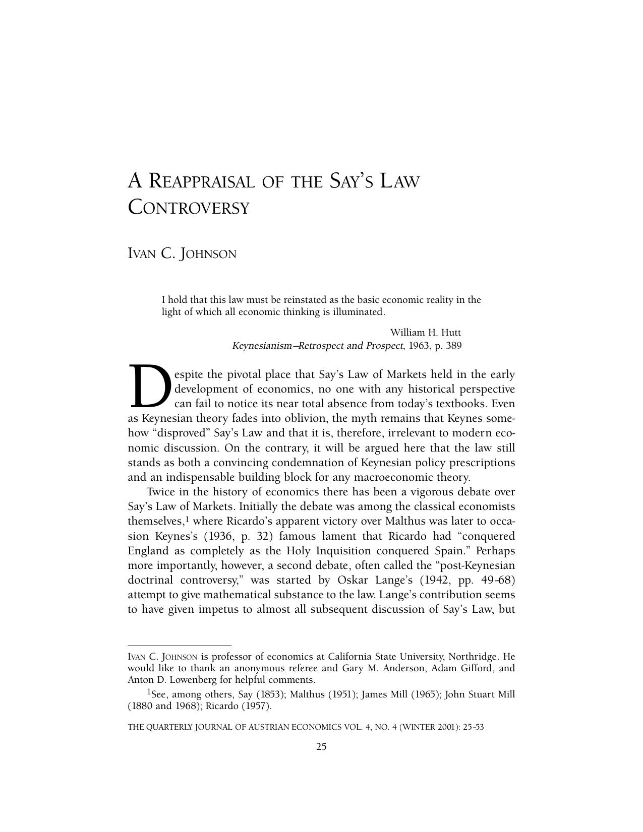 A Reppraisal of the Say's Law Controversy