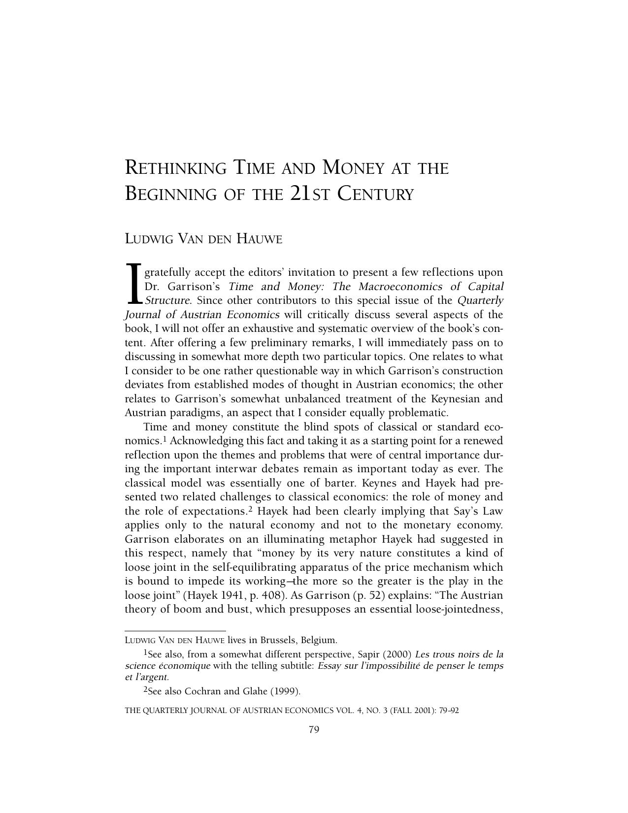 Rethinking Time and Money at the Beginning of the 21st Century