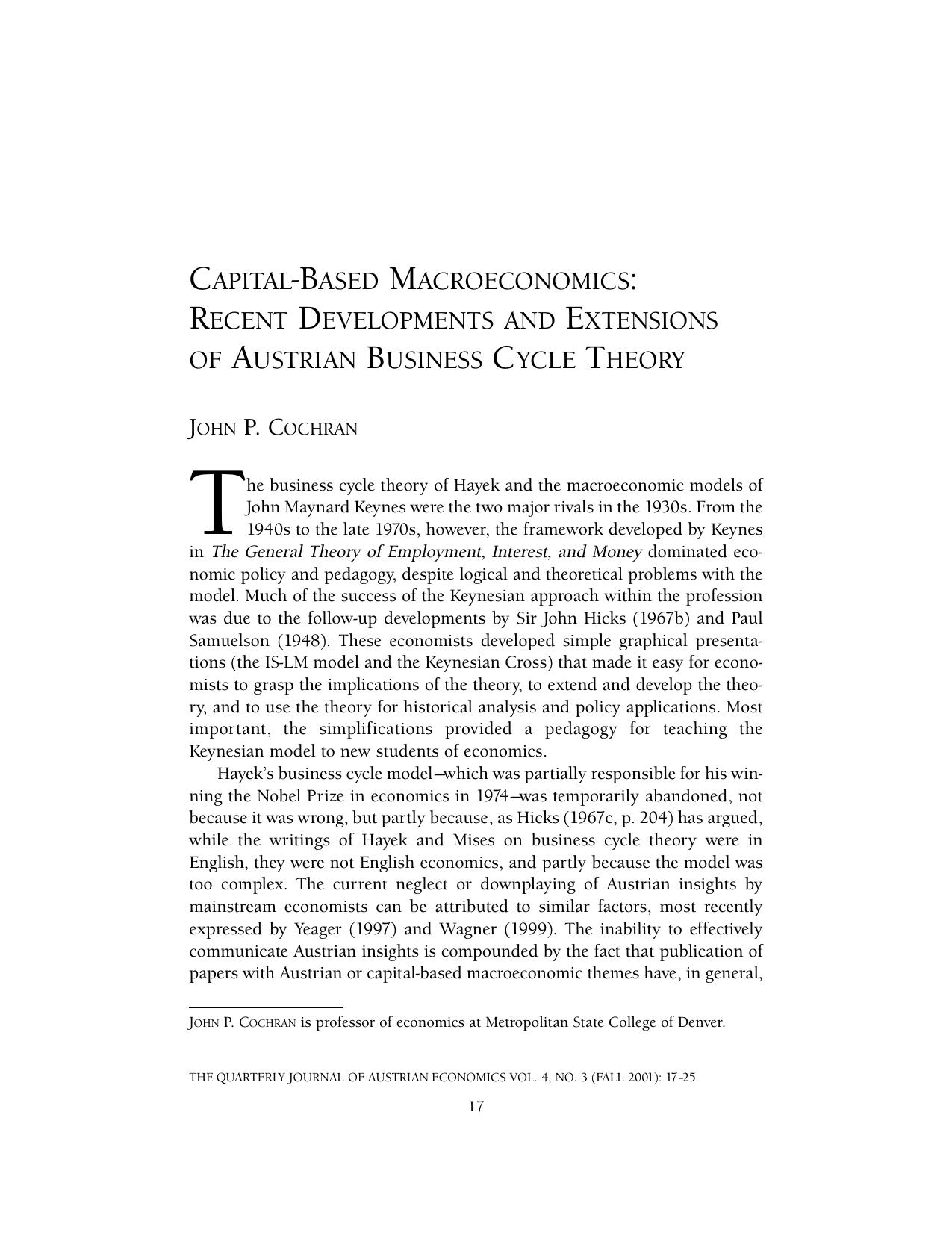 Capital-Based Macroeconomics: Recent Developmens and Extensions of Austrian Business Cycle Theory