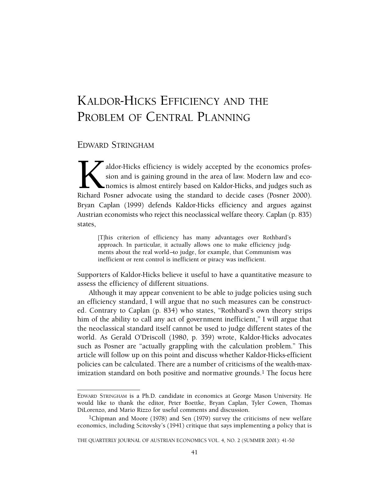 Kaldor-Hicks Efficiency and the Problem of Central Planning