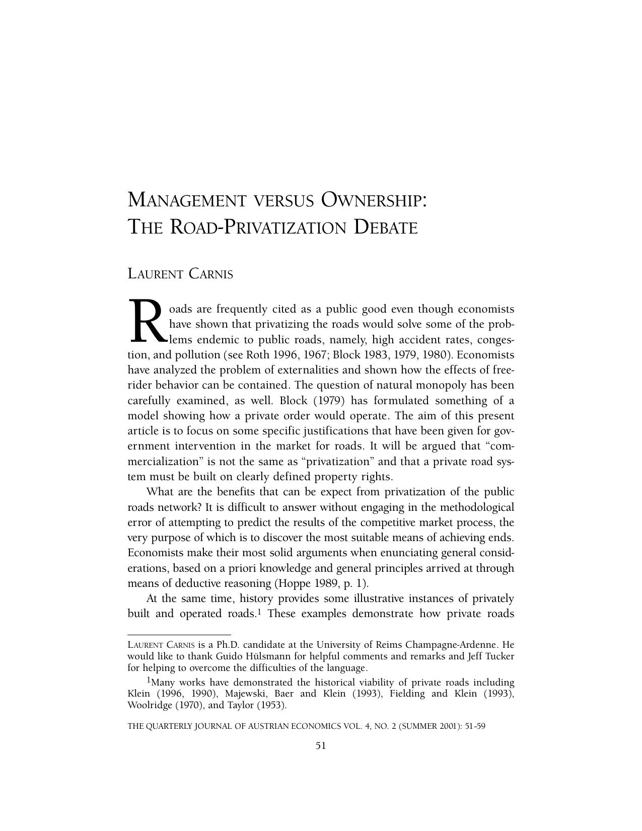 Management Versus Ownership: The Road-Privitization Debate