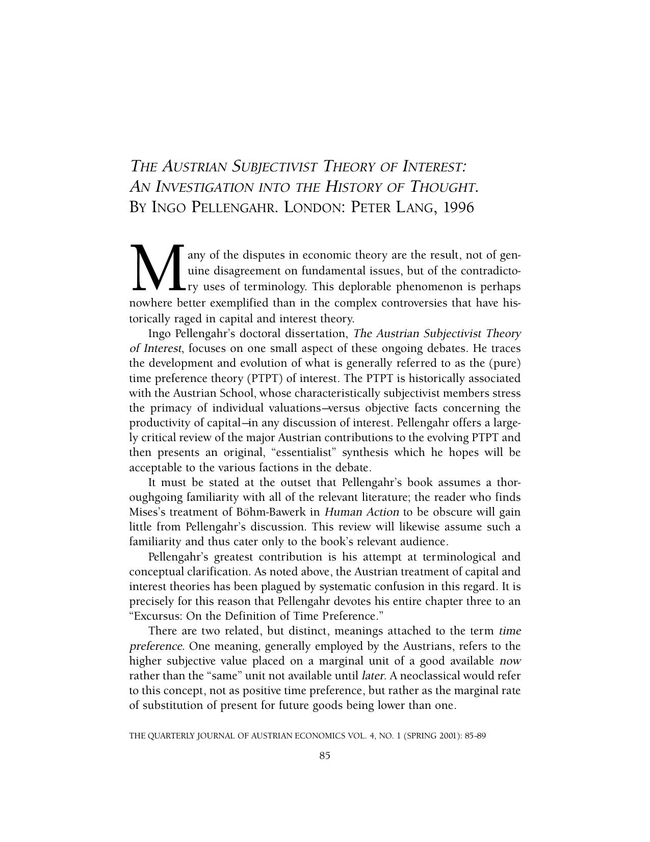 The Austrian Subjectivist Theory of Interest: An Investment into the History of Thought