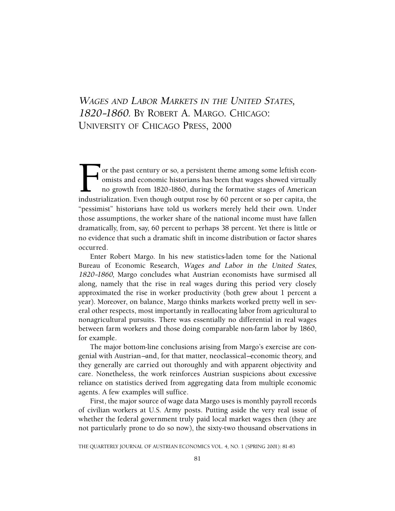 Wages and Labor Markest in the United Stats: 1820-1860