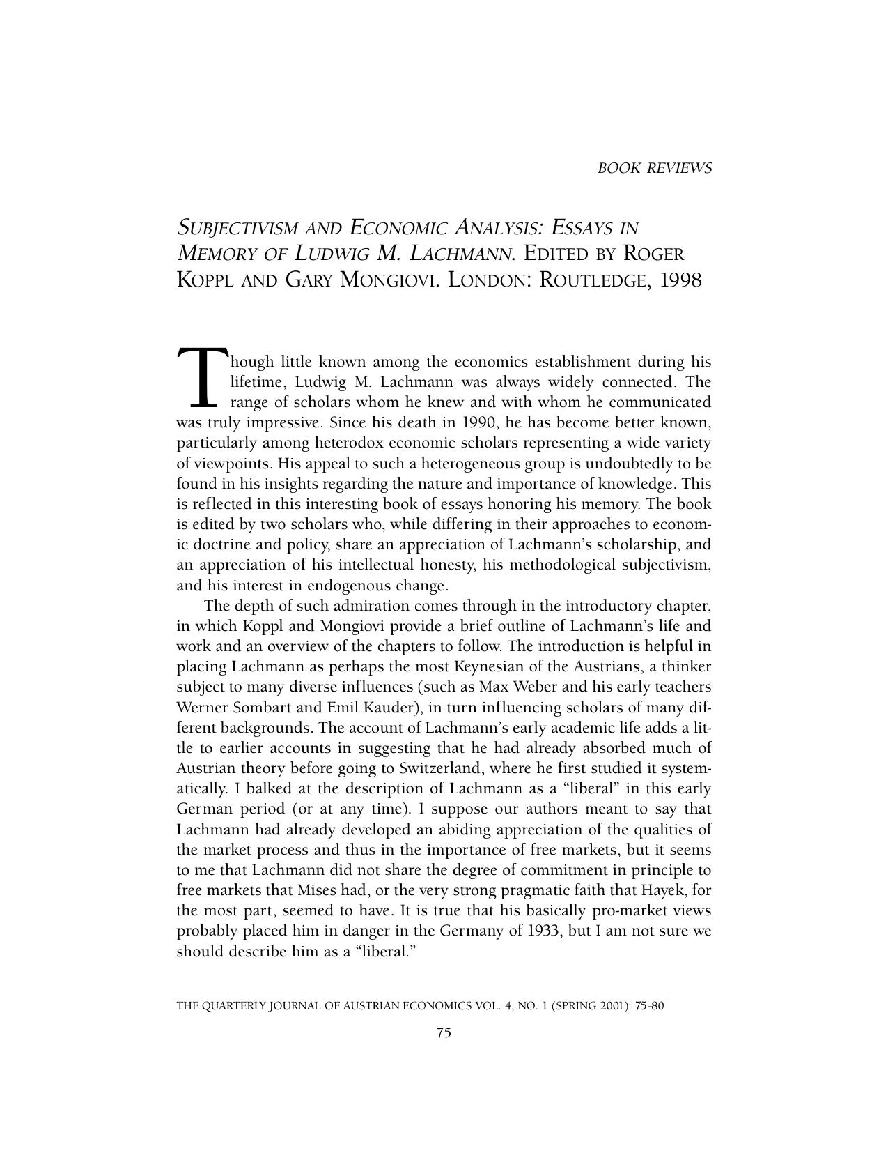 Subjective and Economic Analysis: Essays in Memory of Ludwig M Lachmann