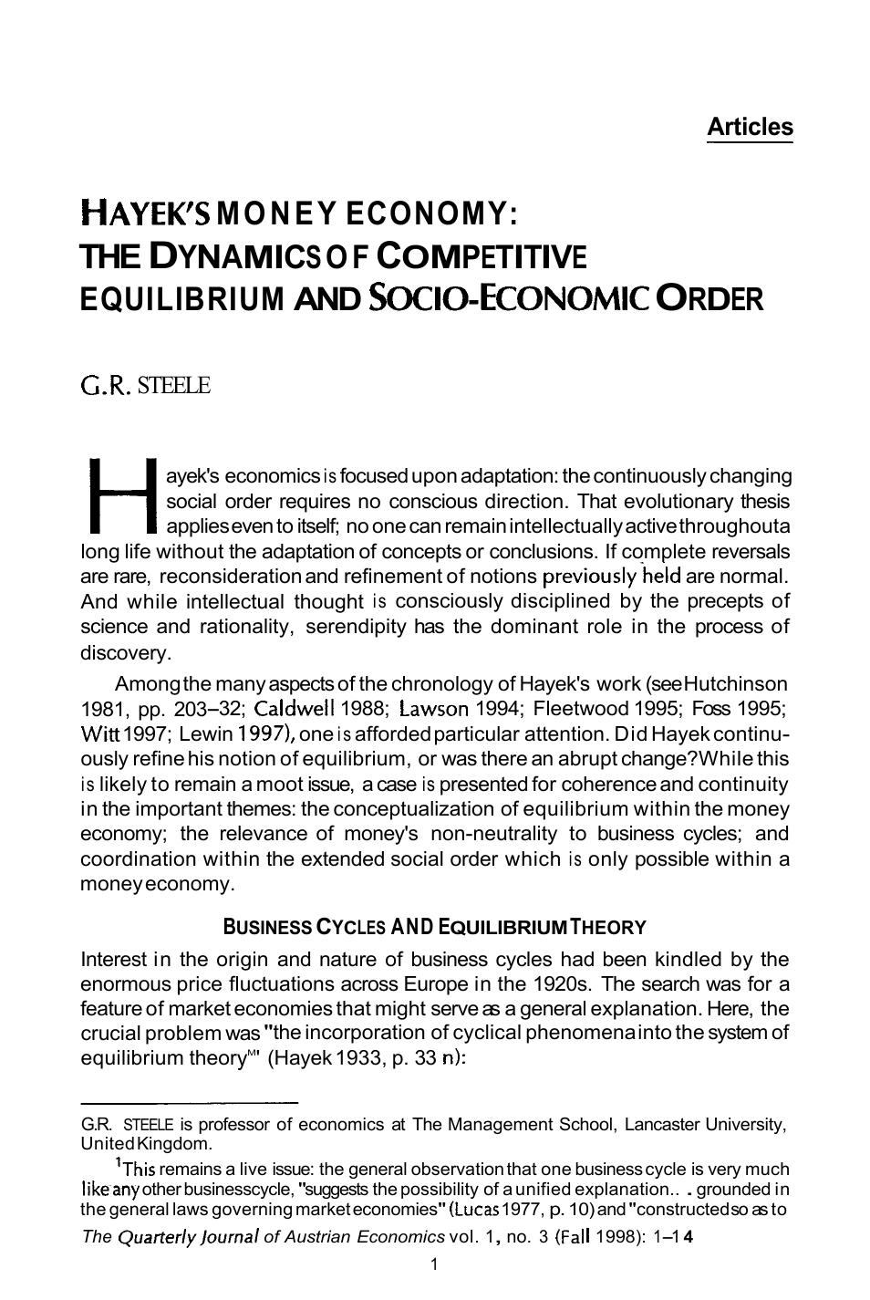 Hayek's Money Economy: The Dynamics of Competitive Equilibrium and Socio-Economic Order