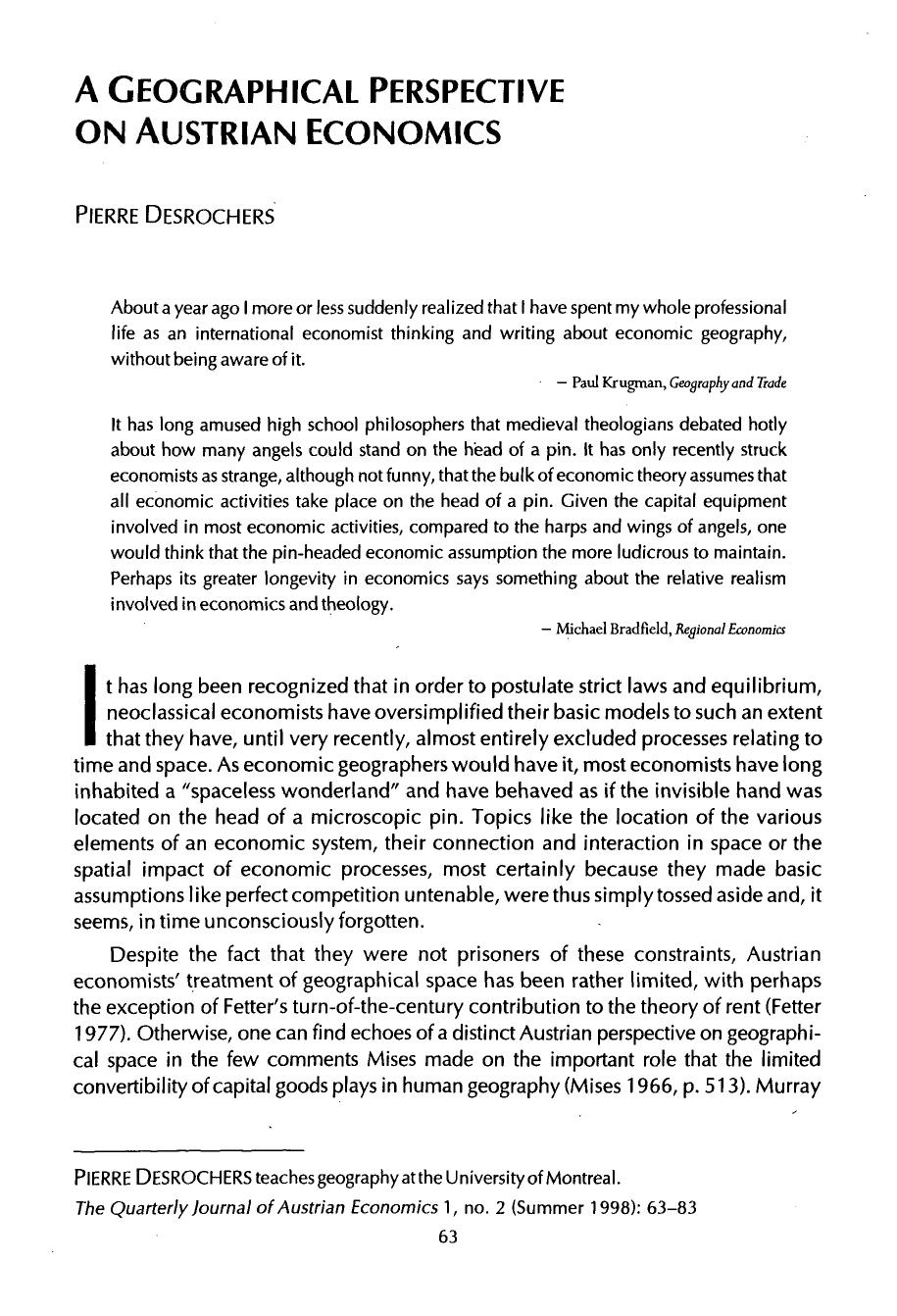 A Geographical Perspective on Austrian Economics