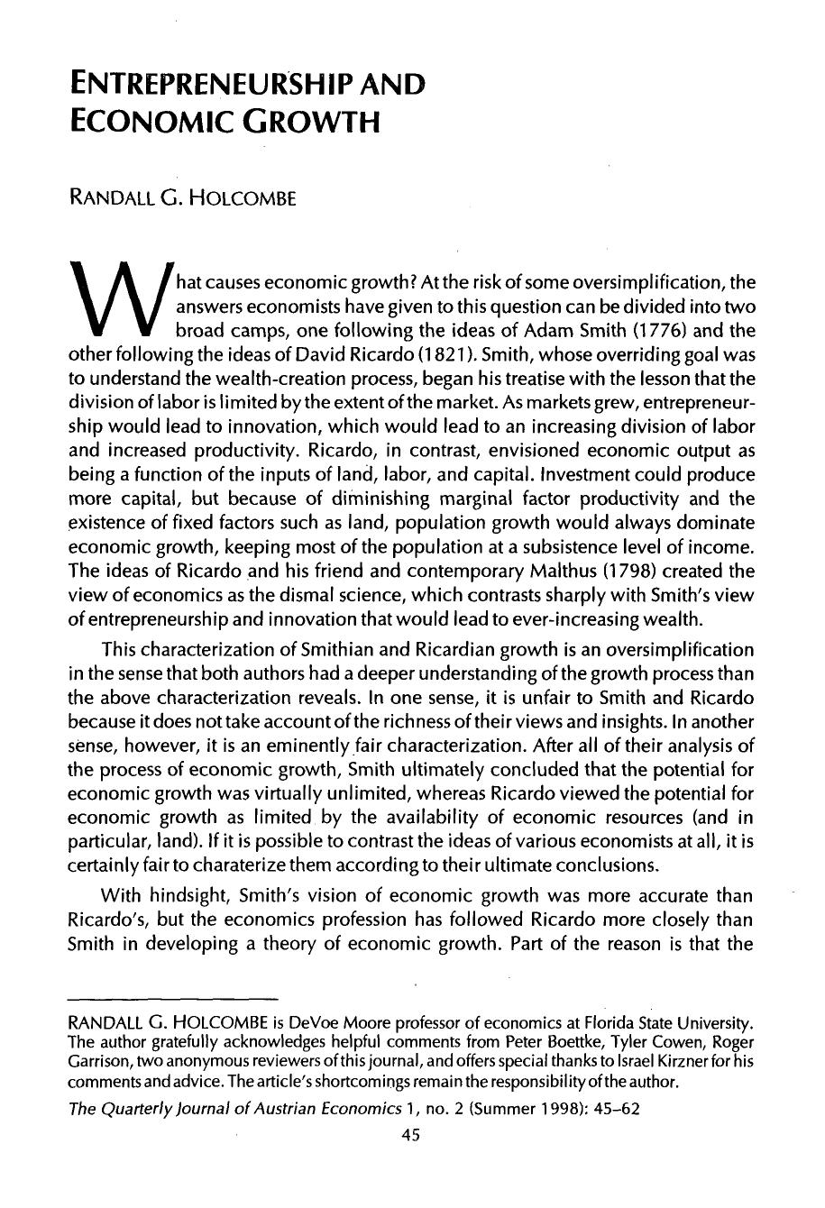 Entrepreneurship and Economic Growth