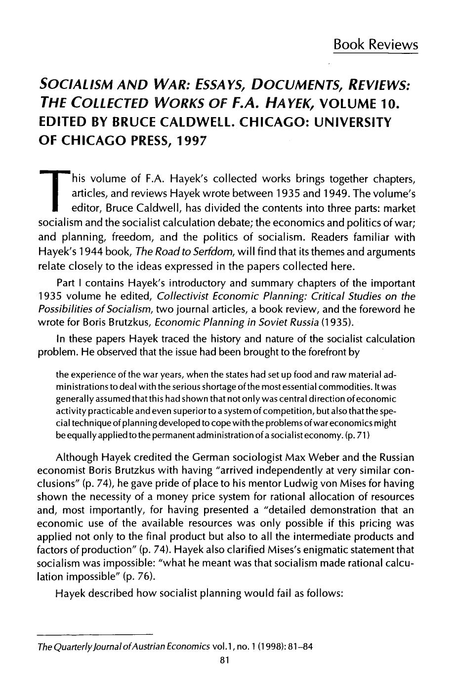 Socialism and War: Essays, Documents, Reviews: The Collected Works of F. A. Hayek