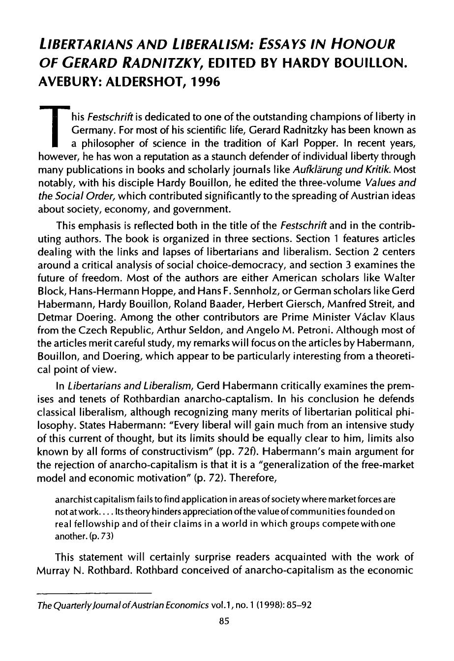 Libertarians and Liberalism: Essays in Honour of Gerard Radnitzky