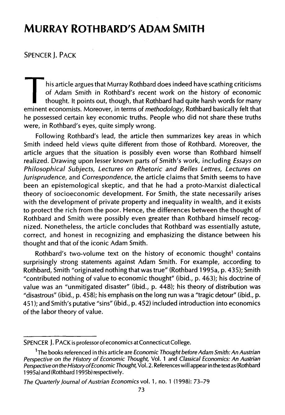 Murray Rothbard's Adam Smith