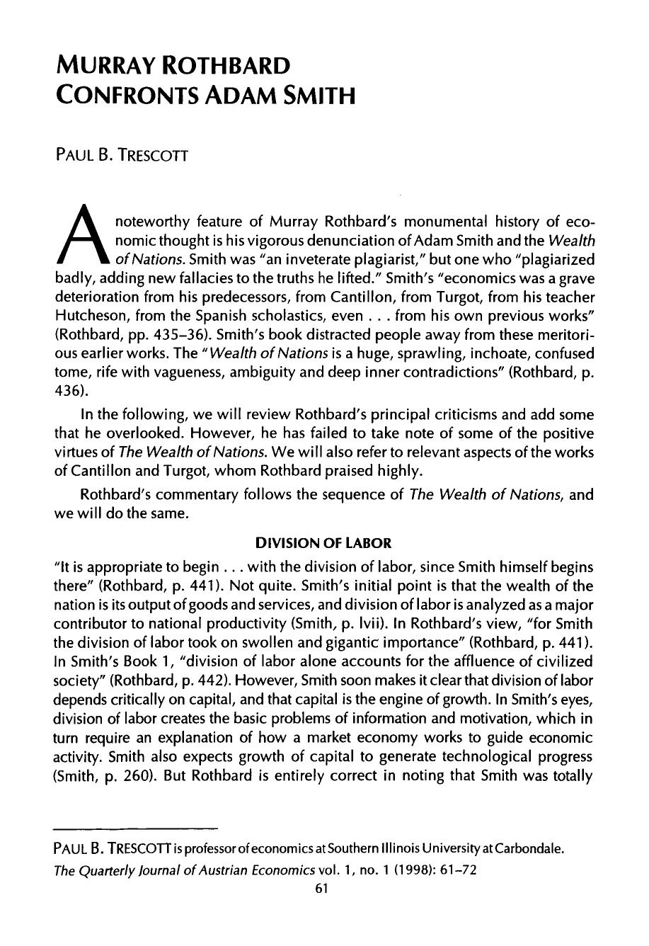 Murry Rothbard Confronts Adam Smith