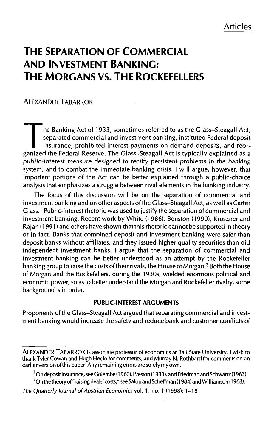 The Separation of Commercial and Investment Banking: The Morgans vs. The Rockefellers