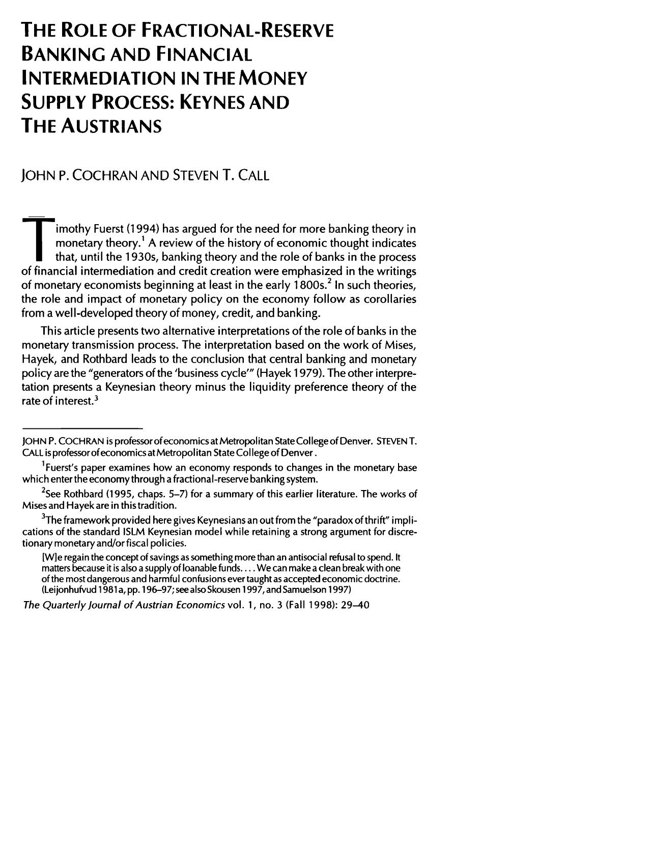 The Role of Fractional-Reserve Banking and Financial Intermediation in the Money Supply Process: Keynes and the Austrians