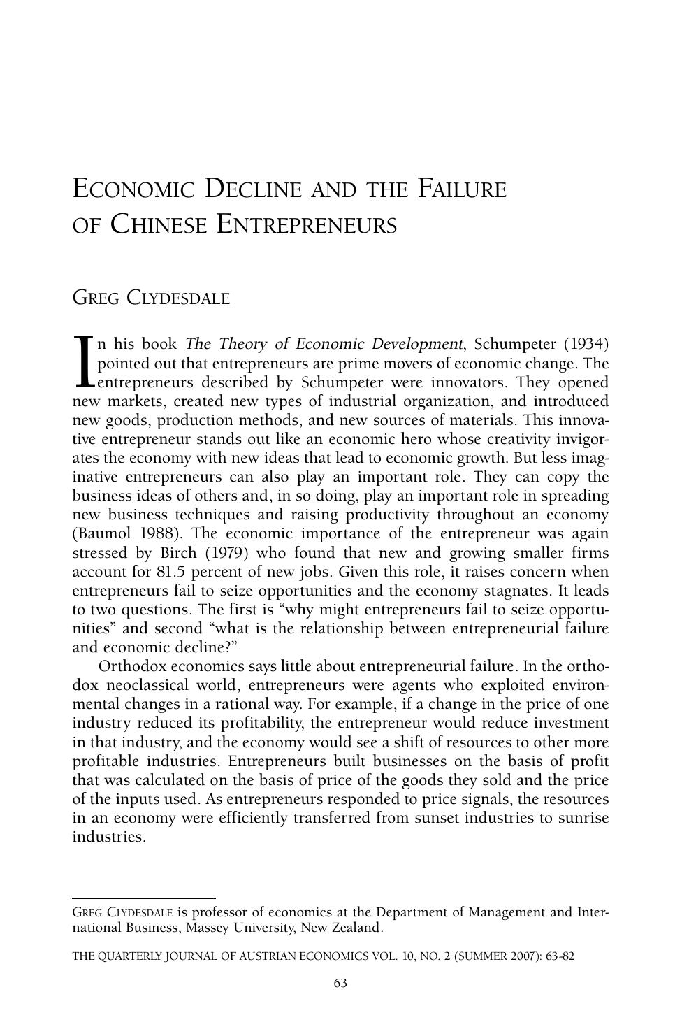 Economic Decline and the Failure of Chinese Entrepreneurs