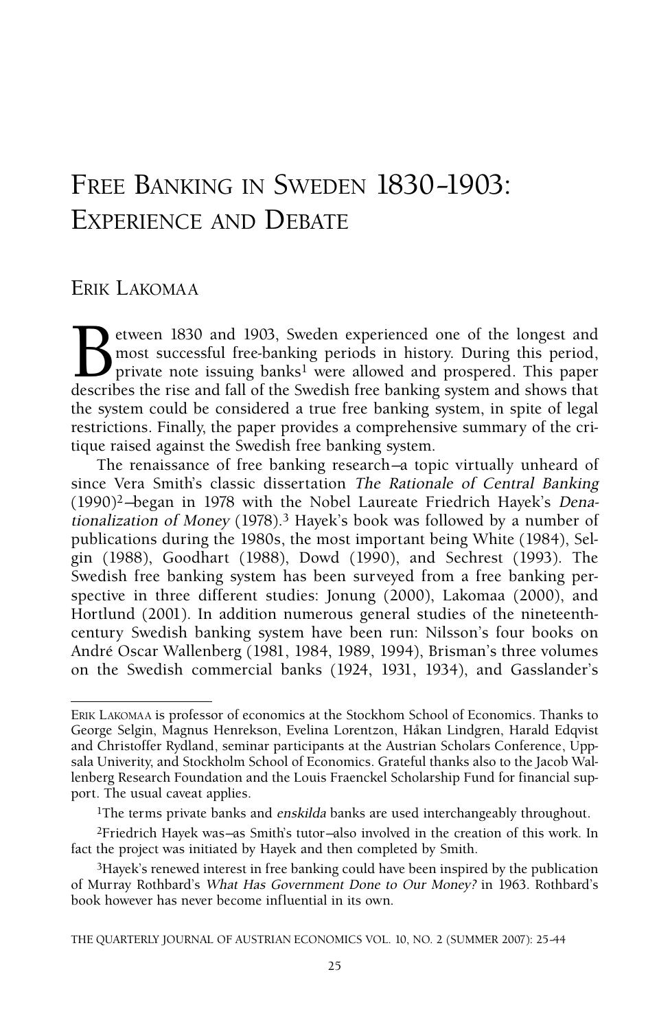 Free Banking in Sweden 1830-1903: Experience and Debate
