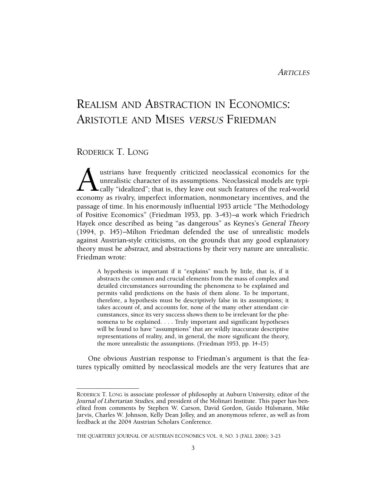 Realism and Abstraction in Economics: Aristotle and Mises Versus Friedman