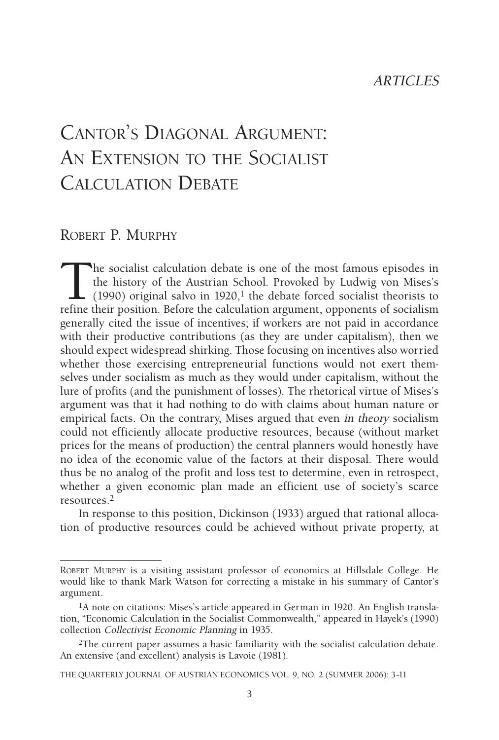 Cantor's Diagonal Argument: An Extension to the Socialist Calculation Debate