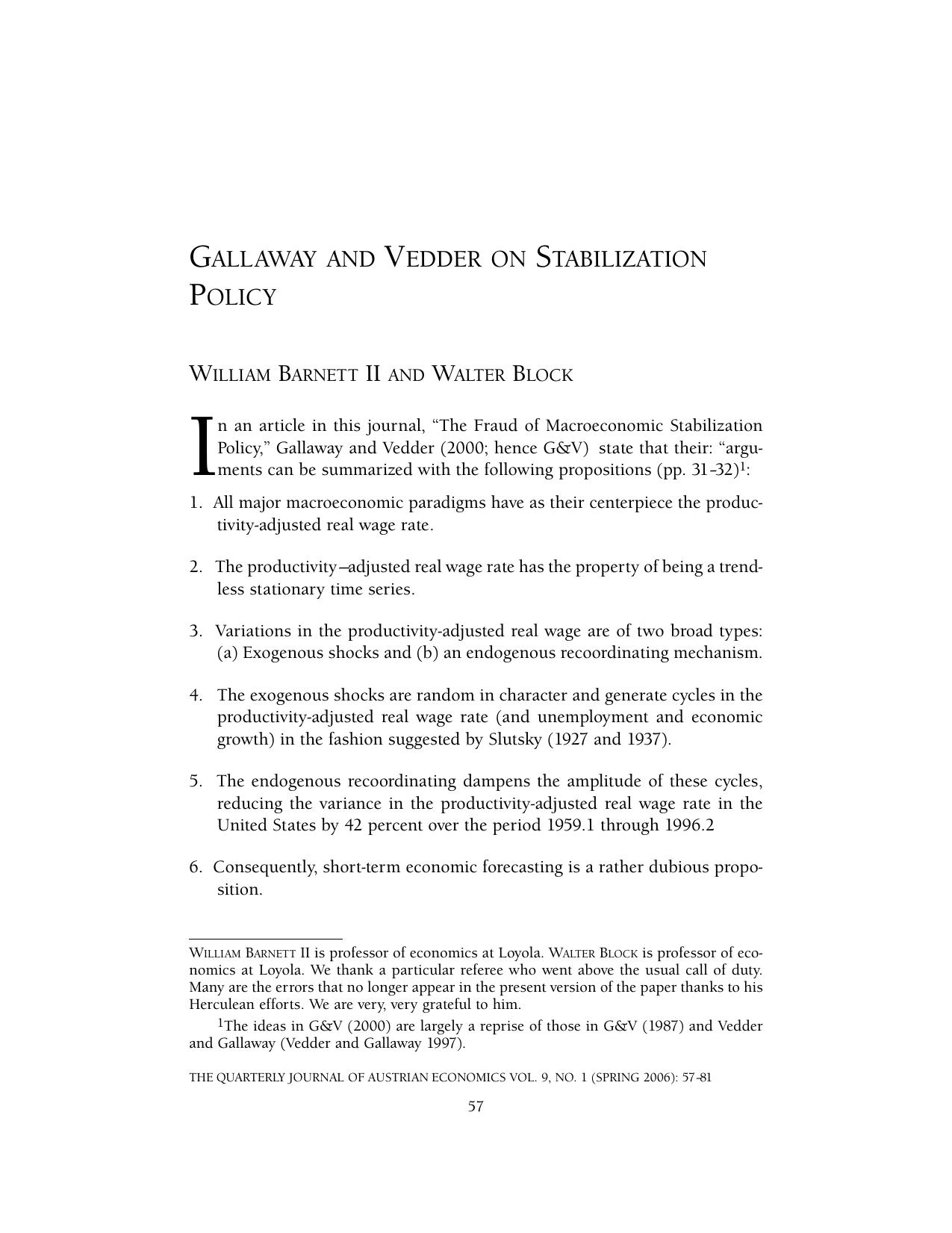 Gallaway and Vedder on Stabilization Policy