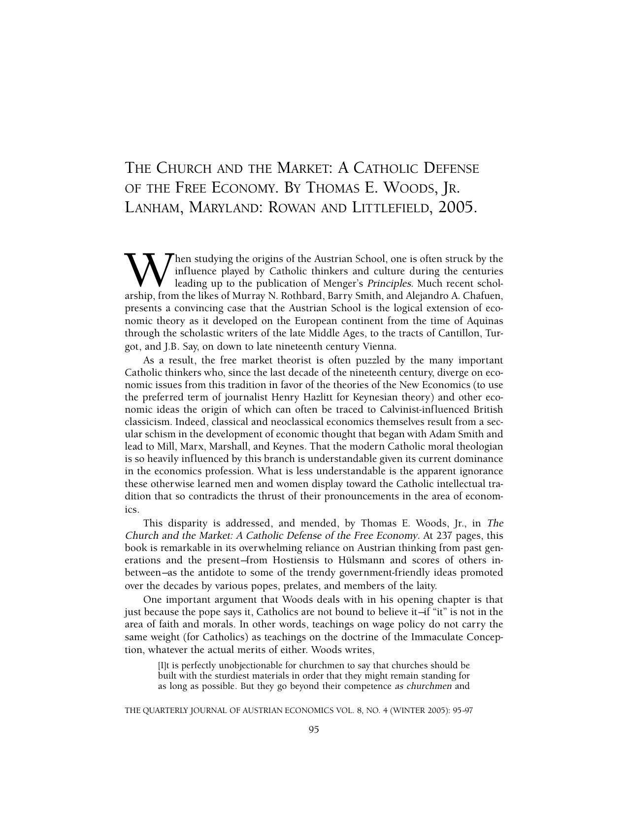 The Church and the Market: A Catholic Defense of the Free Economy