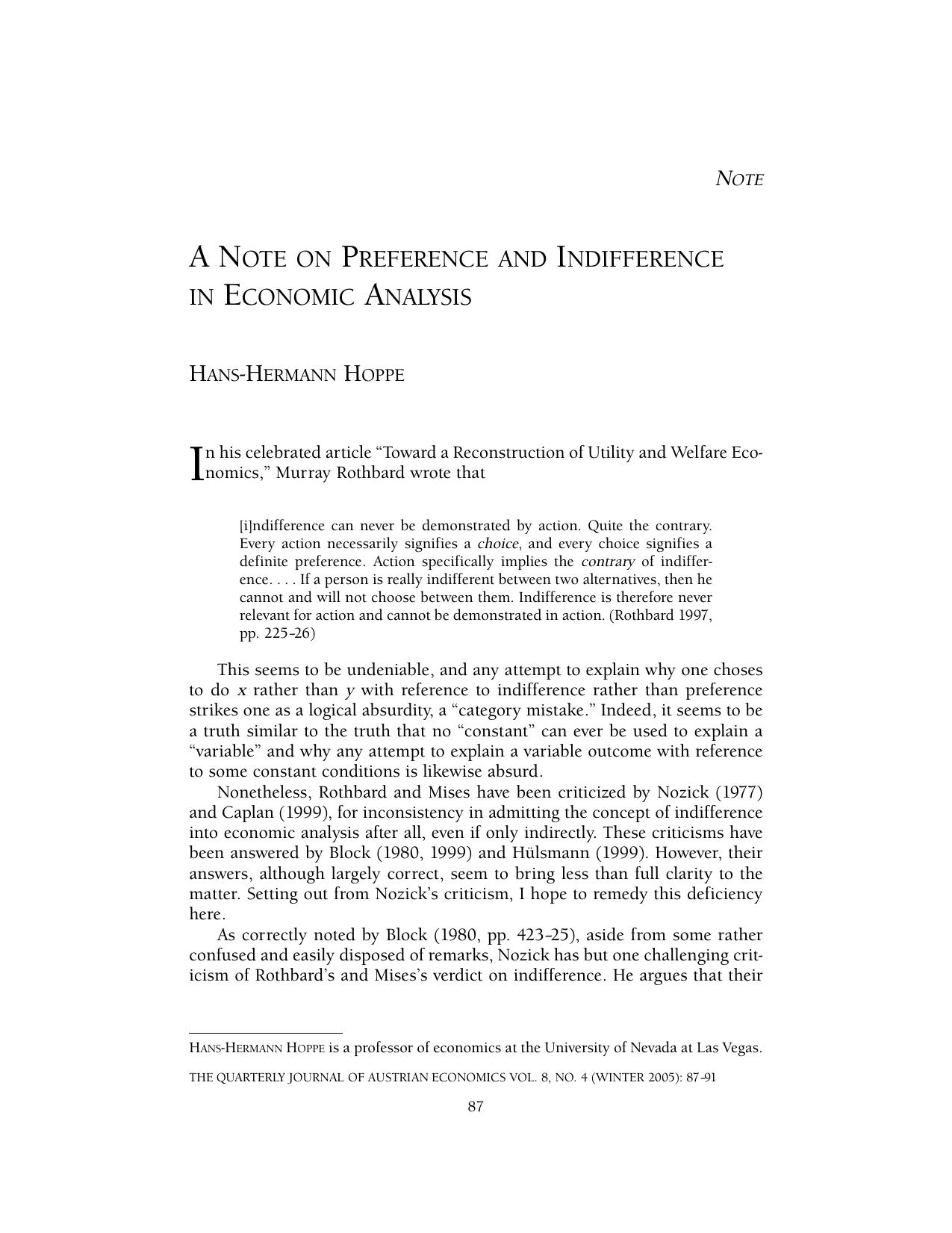 A Note on Preference and Indifference in Economic Analysis
