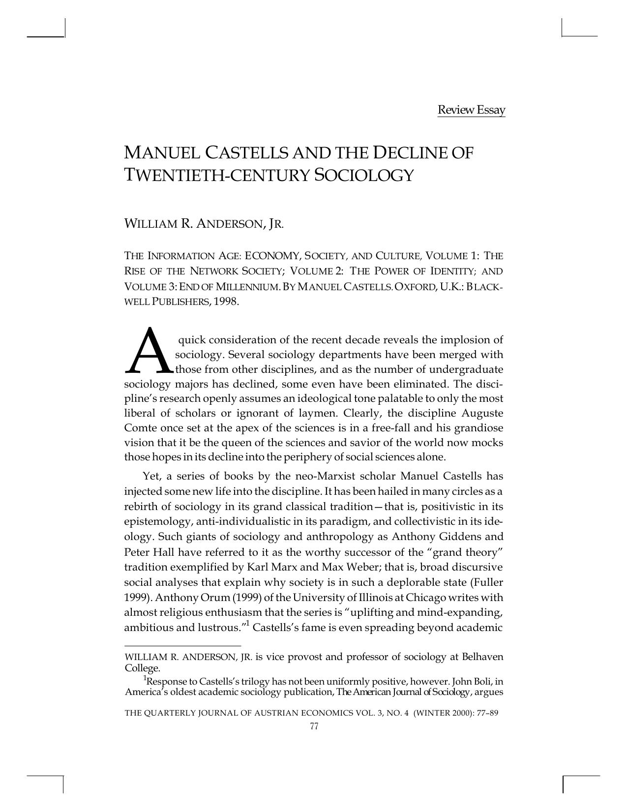 Manuel Castellas and teh Decline of Twentieth-Century Sociology