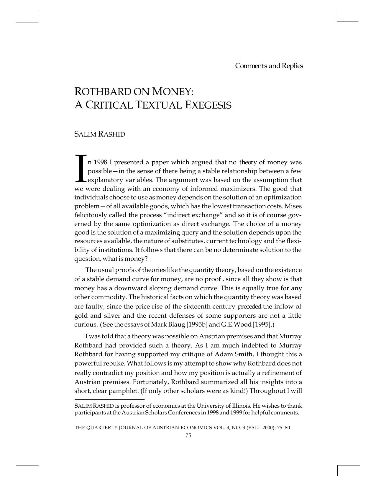 Rothbard on Money: A Critical Textual Exegesis