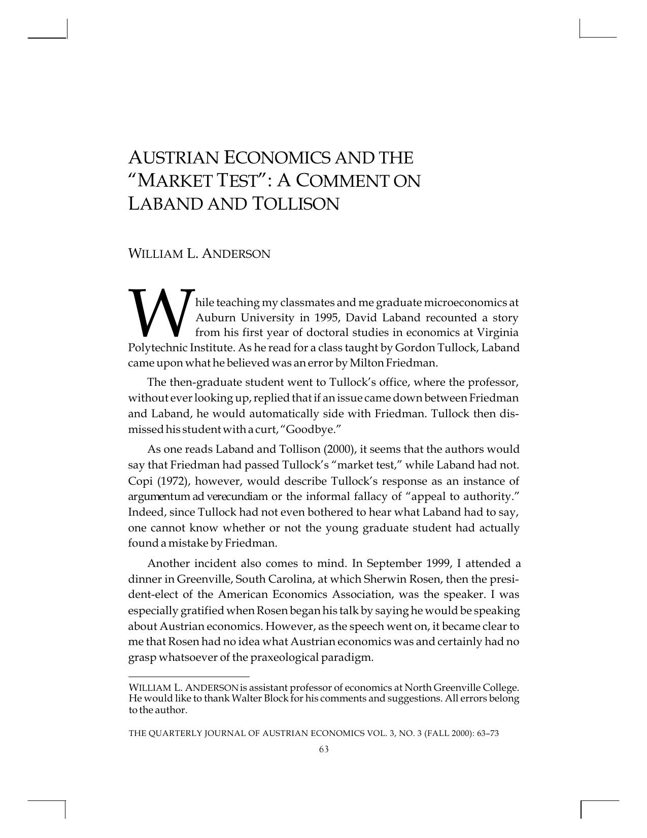 Austrian Economics and the "Market Test": A Comment on Laband and Tollison