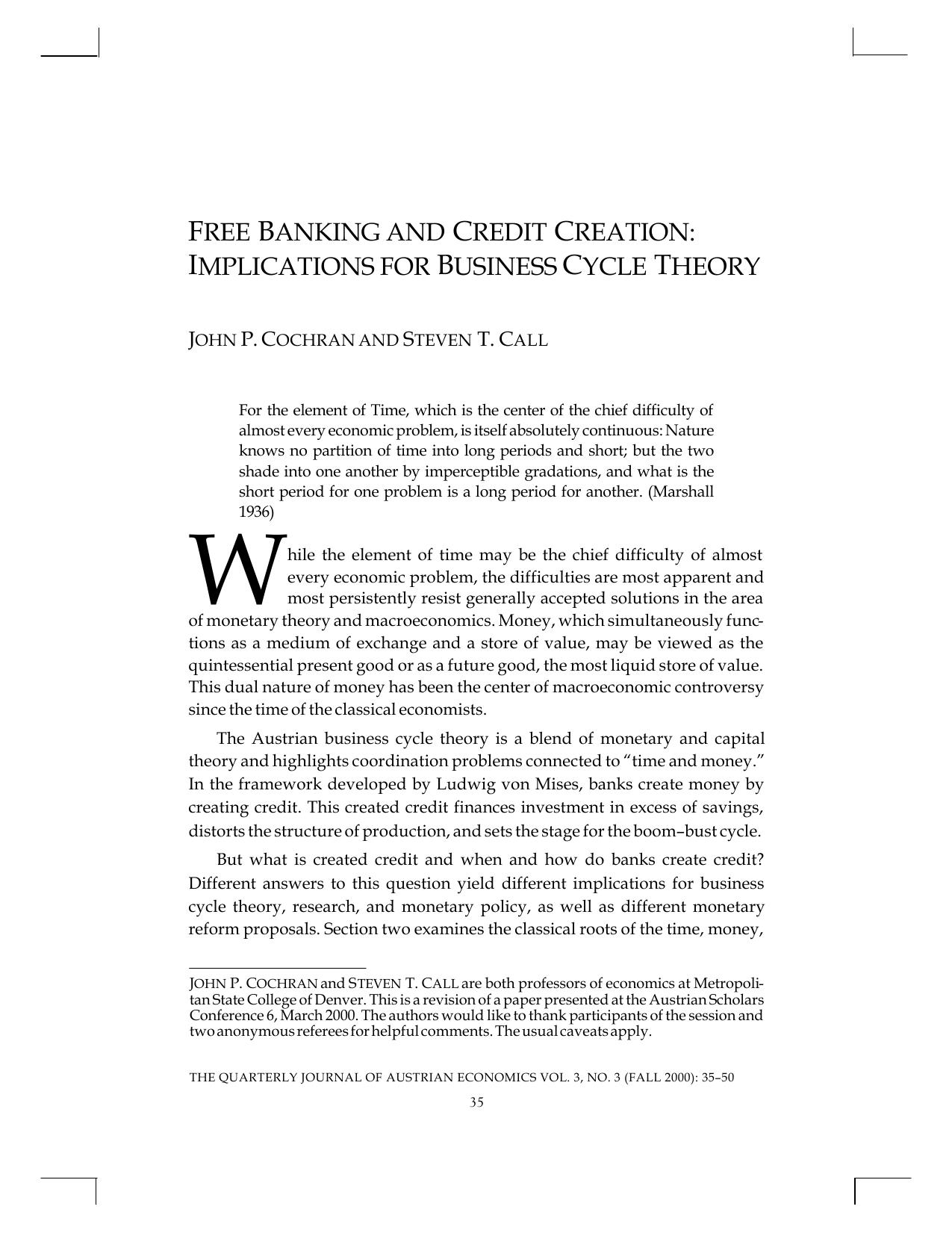 Free Banking and Credity Creation: Implications for Business Cycle Theory