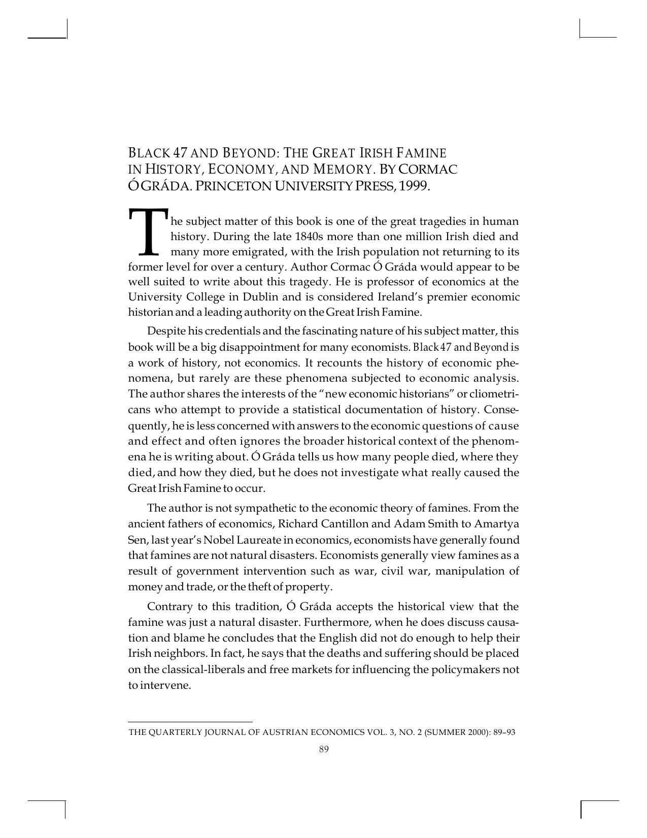 Black, 47 and Beyond. The Great Irish Famine in History, Economy, and Memory