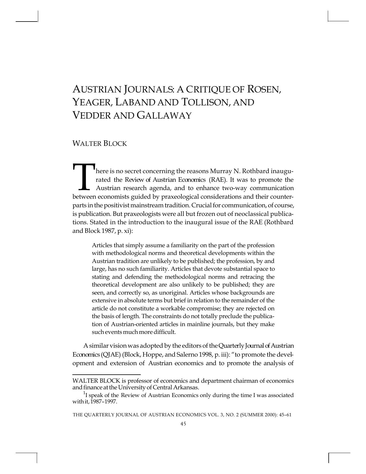 Austrian Journals a Critique of Rosen, Yeager, Laband and Tollison, and Vedder and Gallaway