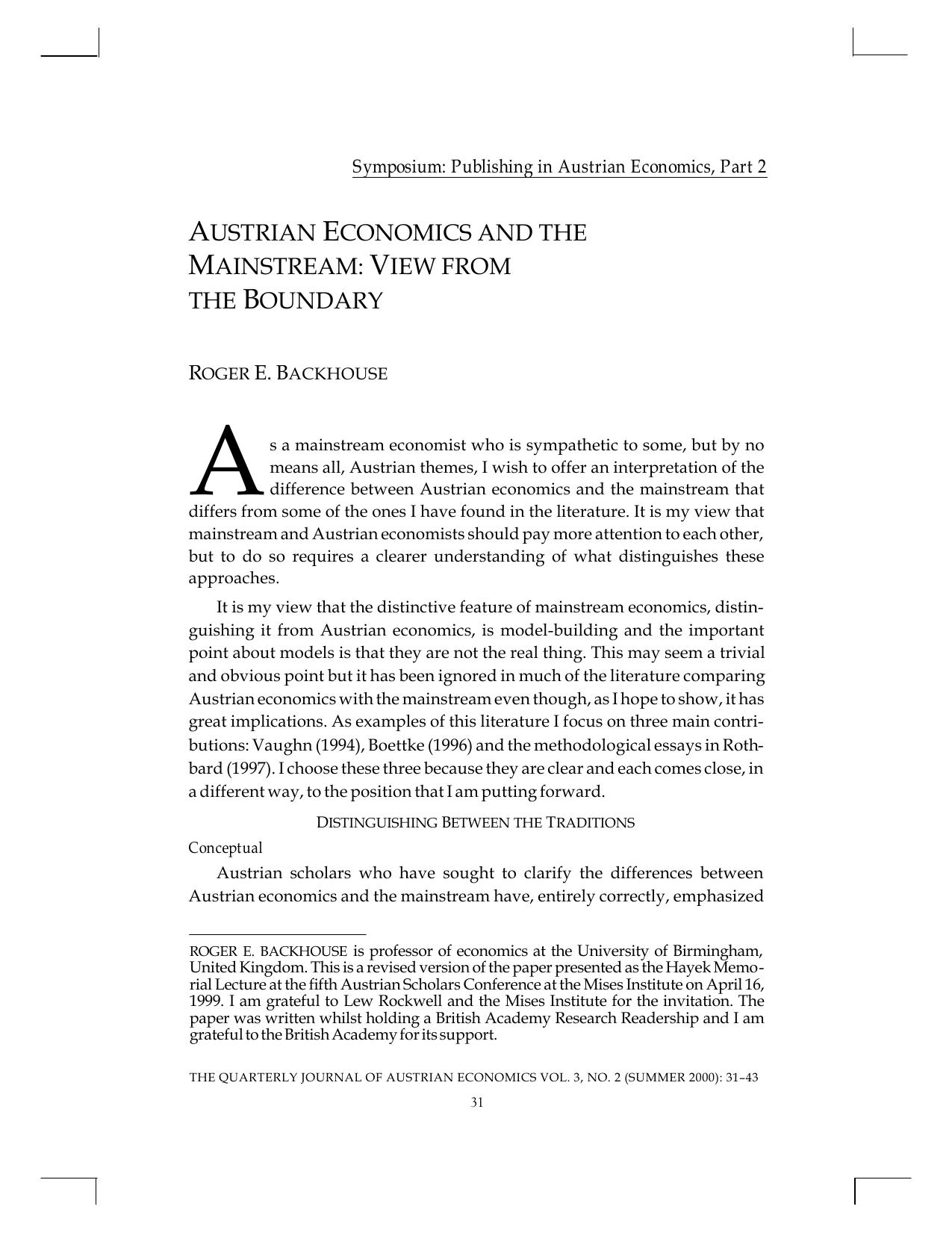 Austrian Economics and the Mainstream: View From The Boundry