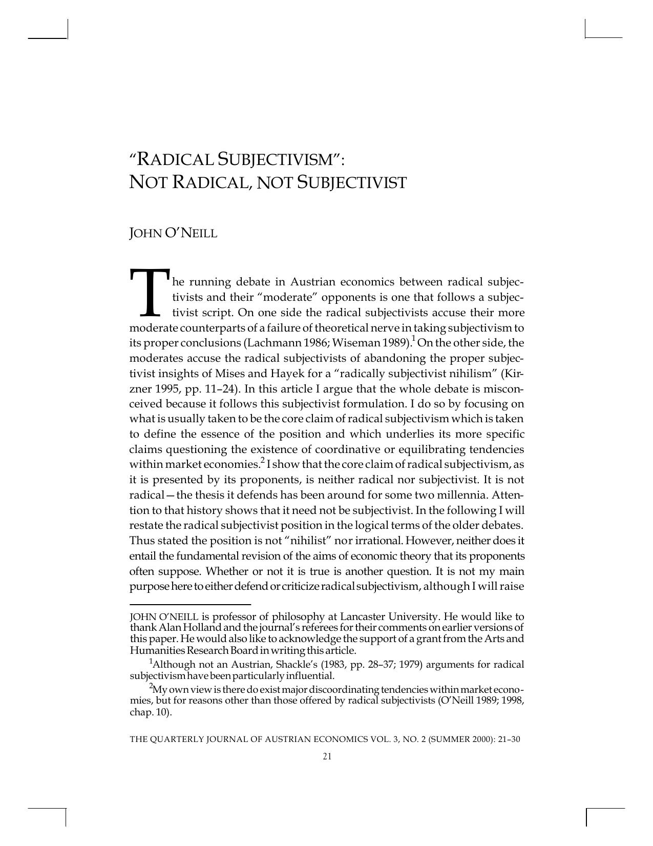 "Radical Subjectivism": Not Radical, Not Subjectivist