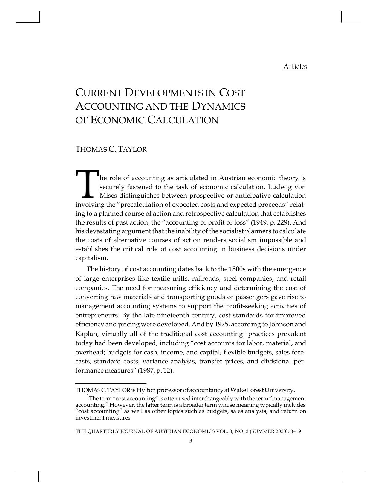 Current Developments in Cost Accounting, and the Dynamics of Economic Calculation