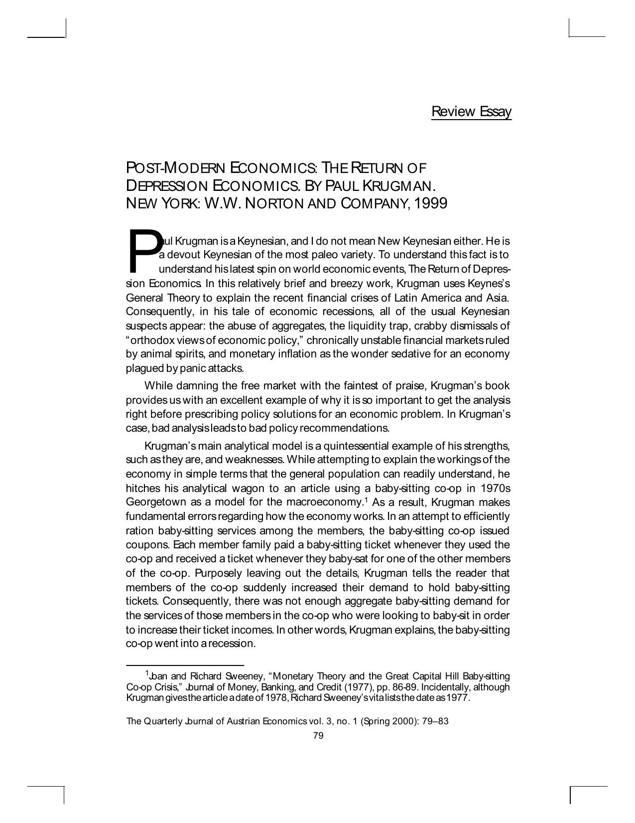 Post-Modern Economics, The Return of Depression Economics