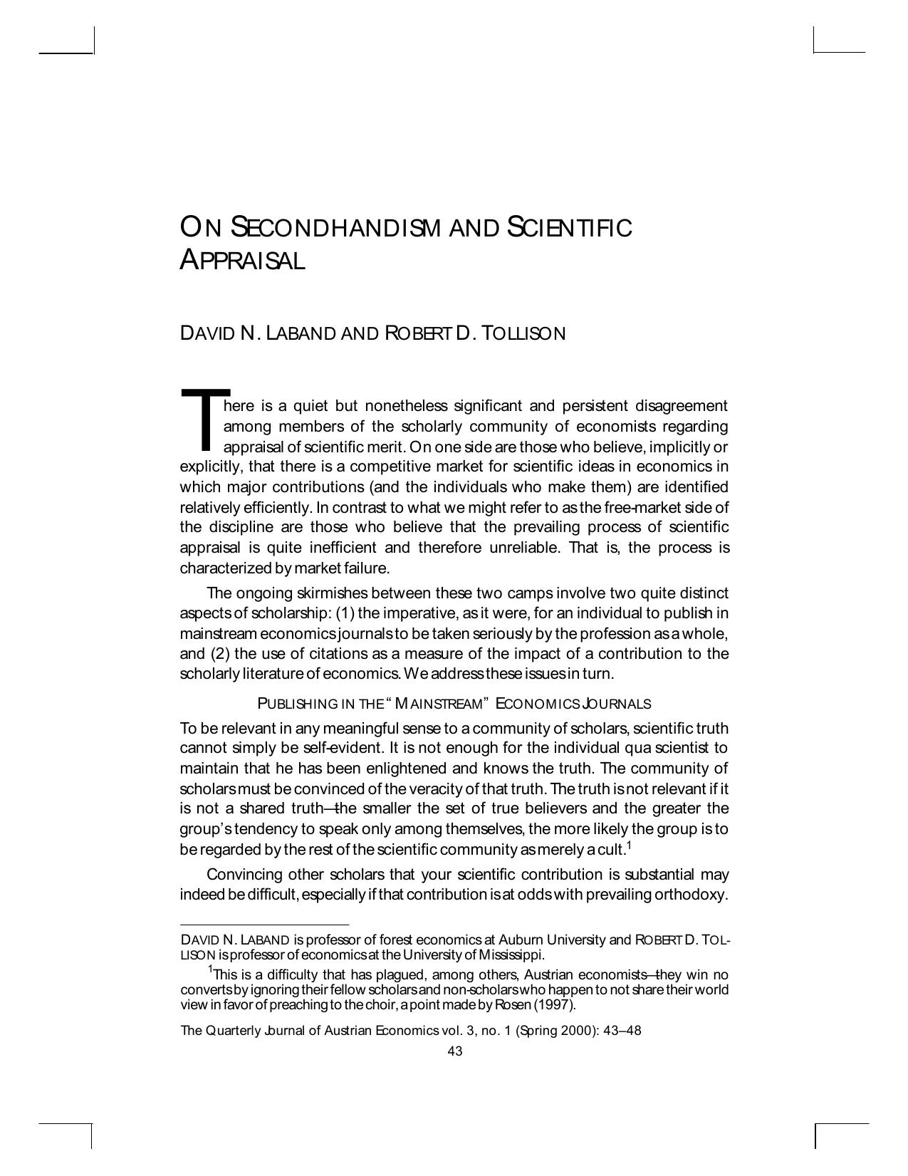 On Secondhandism and Scientific Appraisal
