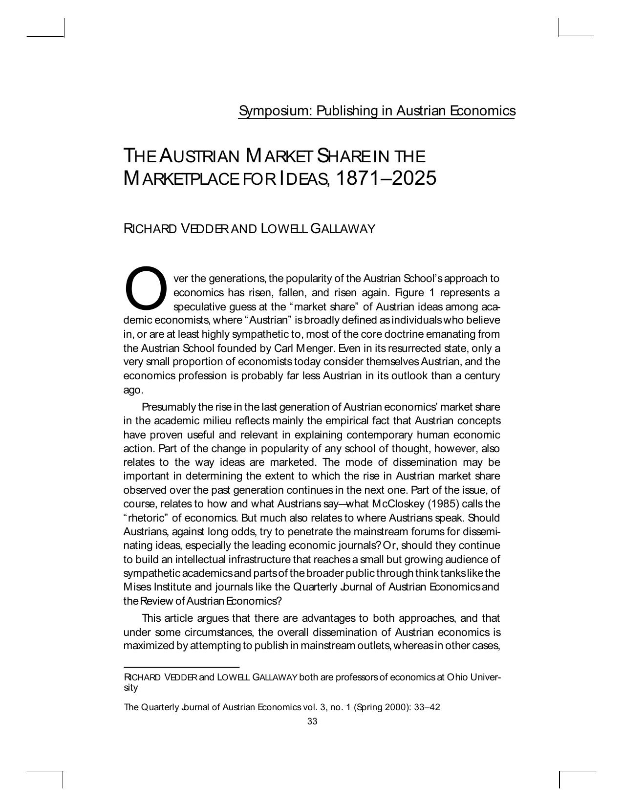 The Austrian Market Share in the Marketplace for Ideas: 1871-2025