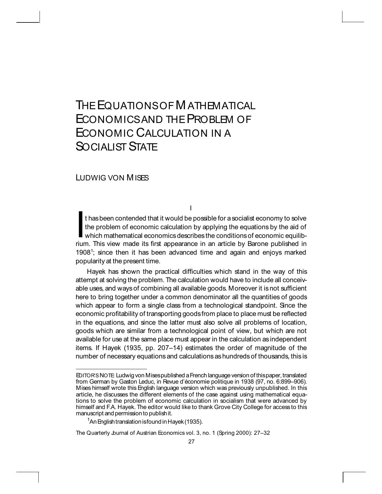 The Equations of Mathematical Economics and the Problem of Economic Calculation in a Socialist State