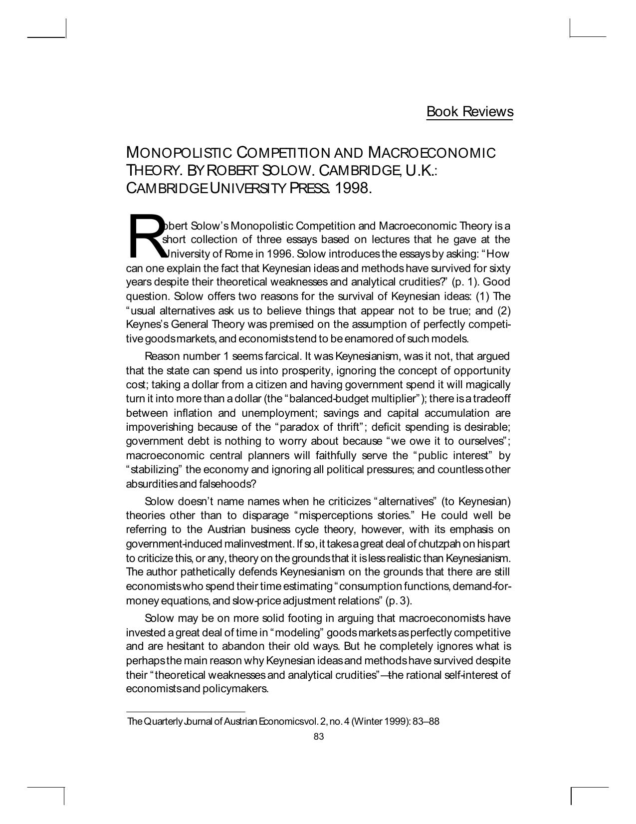 Monopolistic Competition and Macroeconomic Theory