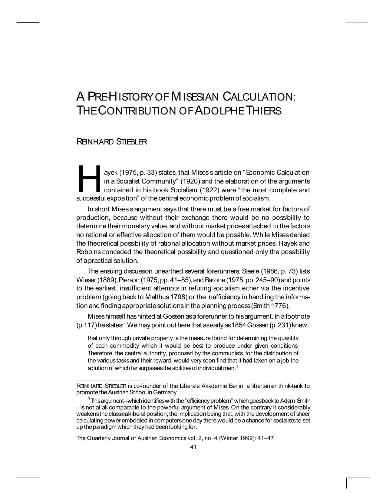 A Pre-History of Misesian Calculation: The Contribution of Adolphe Thiers