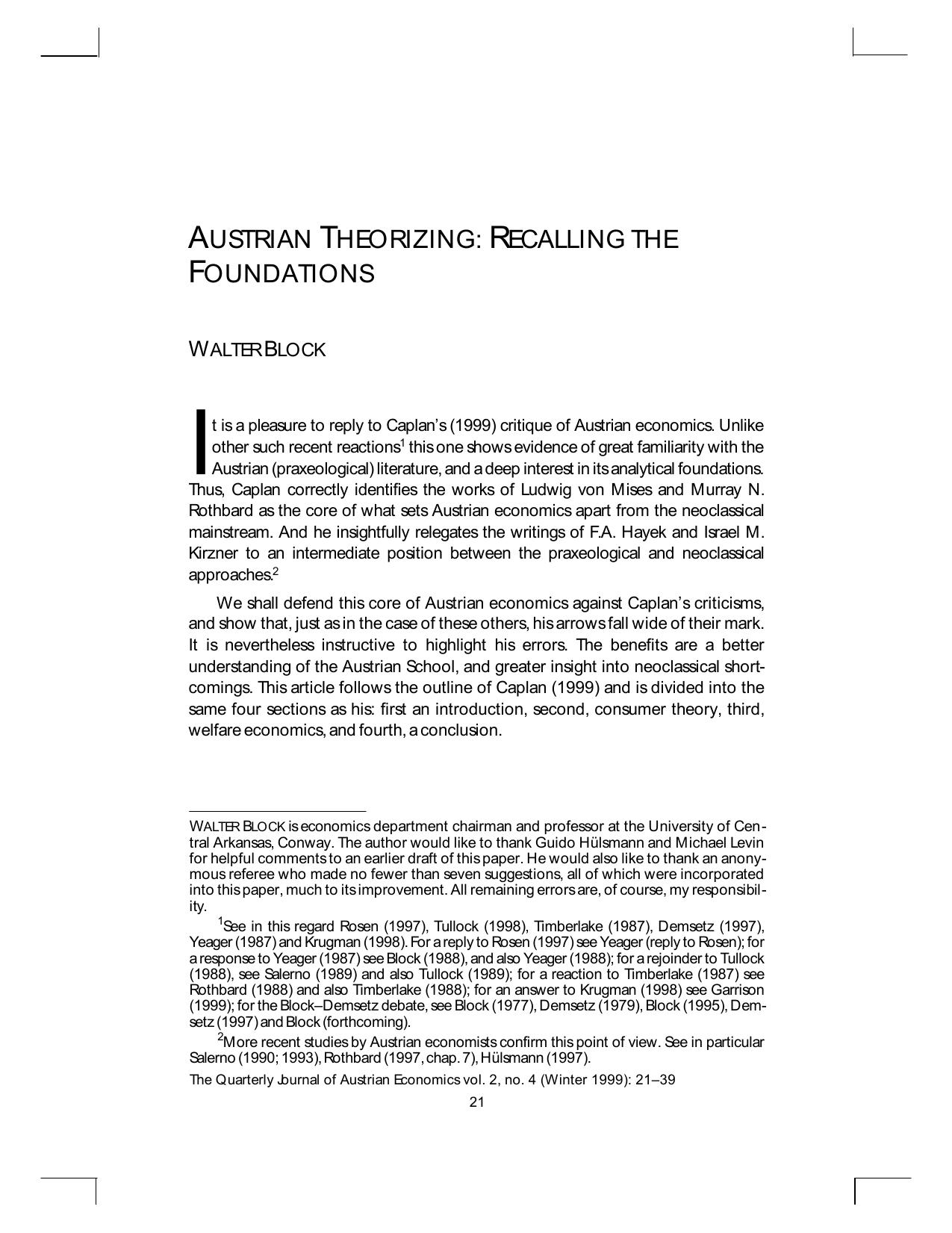 Austrian Theorizing: Recalling the Foundations