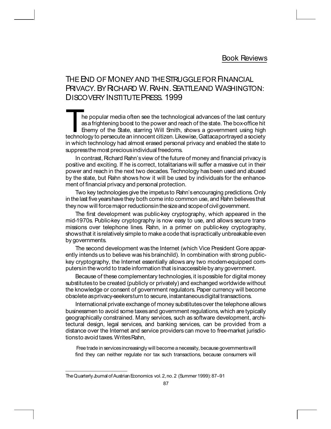 The end of Money and the Struggle for Financial Privacy