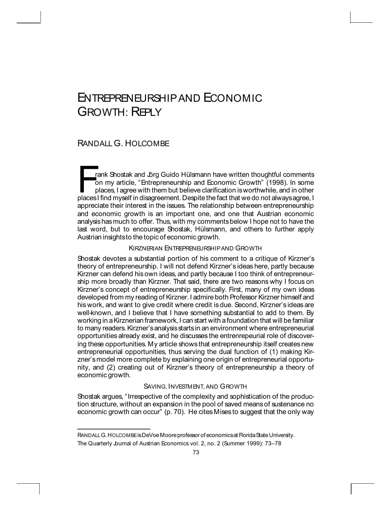 Entrepreneurship and Economic Growth: Reply