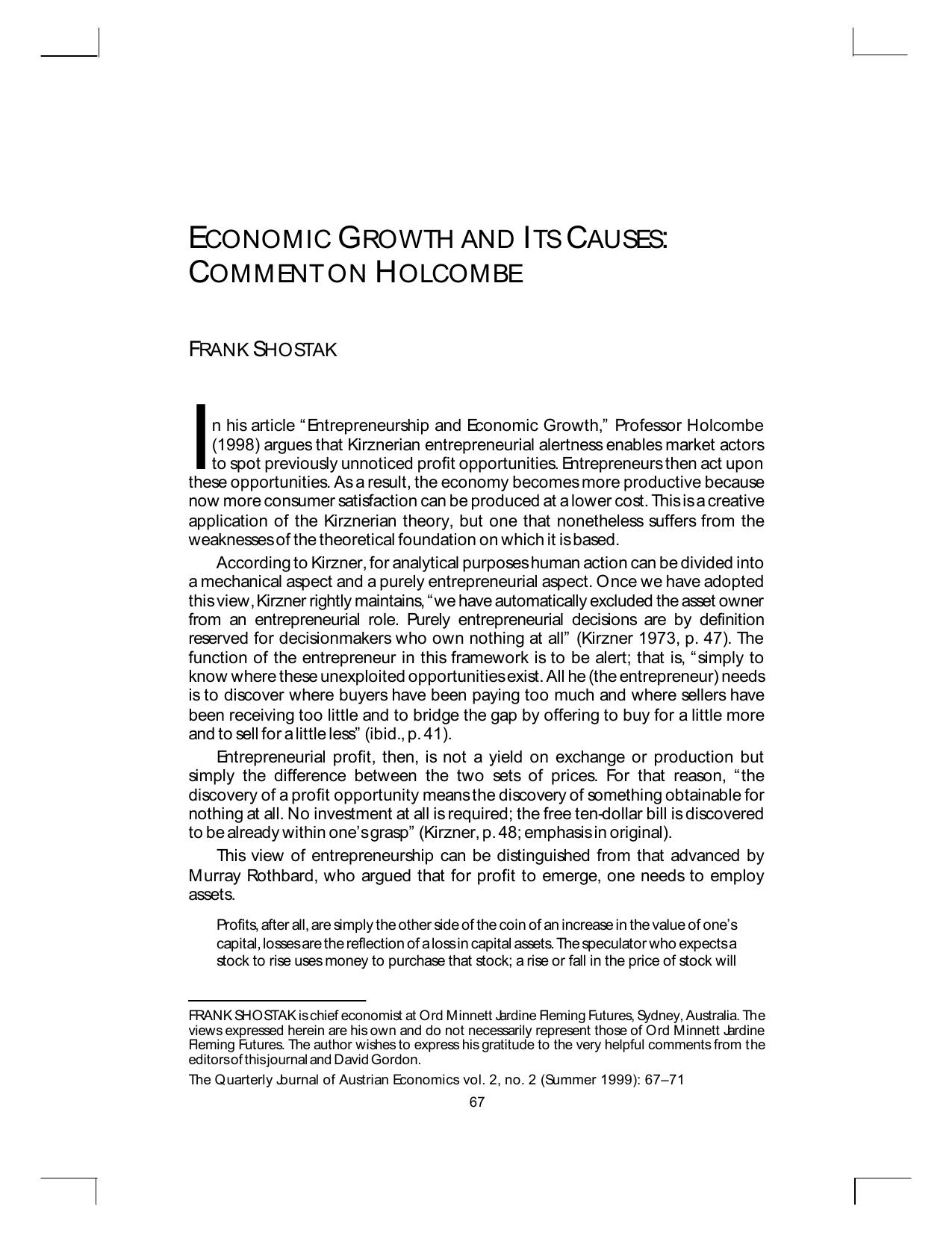 Economic Growth and Its Causes: Comment on Holcombe