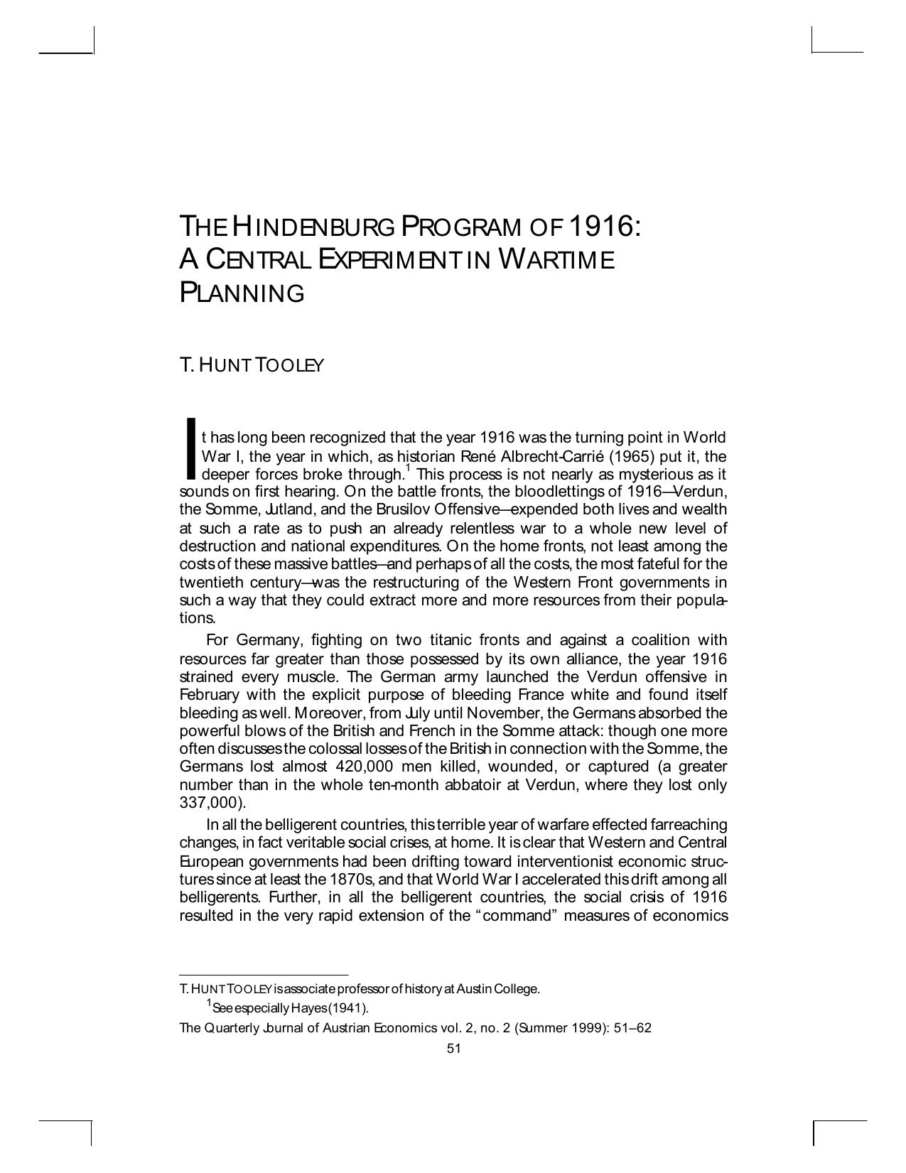 The Hindenburg Program of 1916: A Central Experiment in Wartime Planning