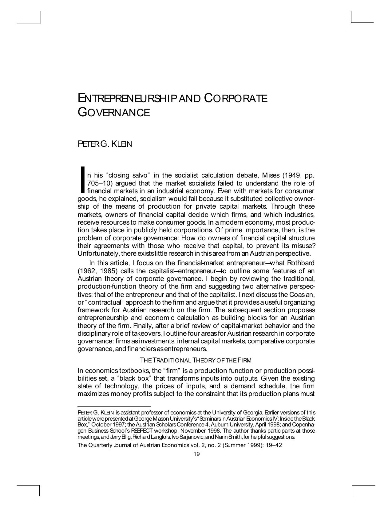 Entrepreneurship and Corporate Governance