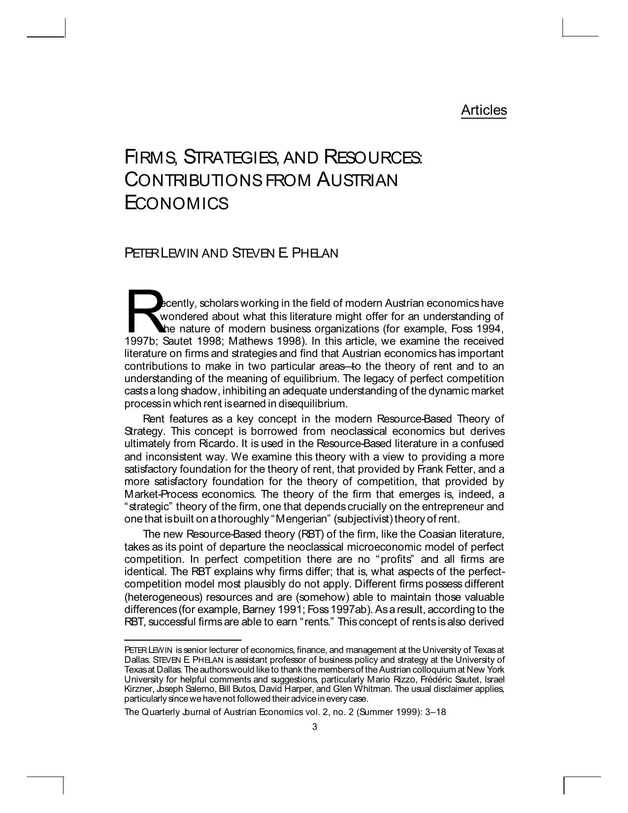 Firms, Strategies and Resources: Contributions from Austrian Economics