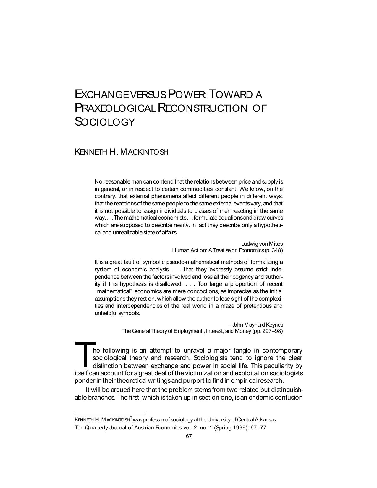 Exchange Versus Power Toward a Praxeologicl Reconstuction of Sociology