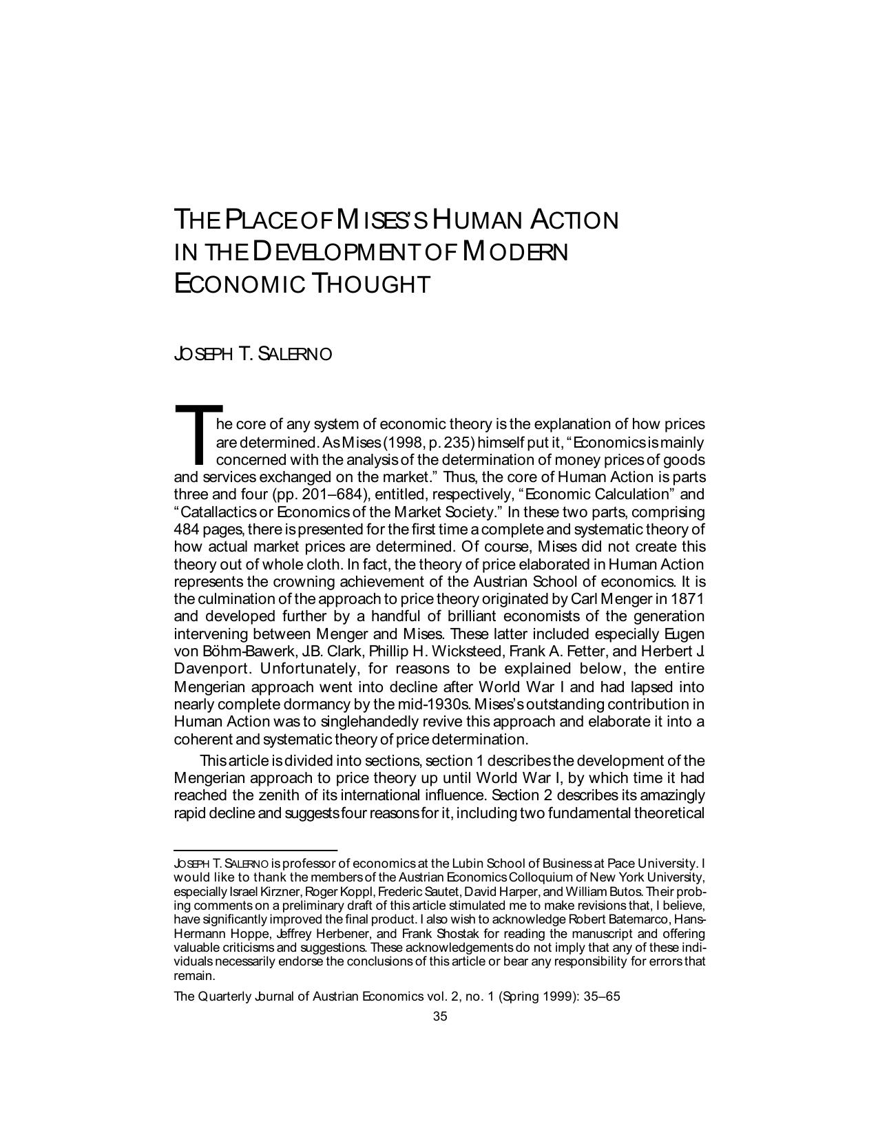 The Place of Misess Human Action In the Development of Modern Economic Thought