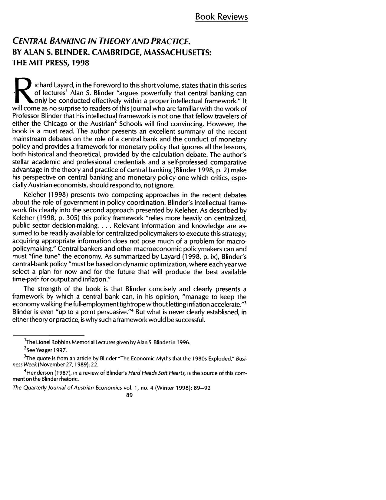 Central Banking, In Theory and Practice