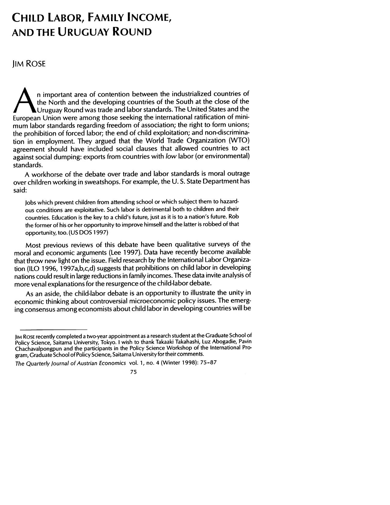Child Labor, Family Income, and the Uruguay Round